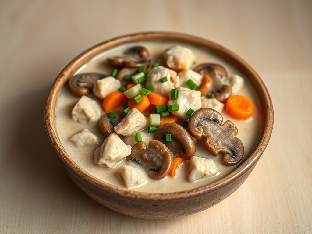 Kip- champignonschotel uit de slowcooker, AI-gegenereerde illustratie