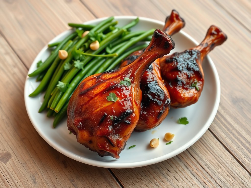 Kip drumsticks met Moksimarinade en sperziebonen, AI-gegenereerde illustratie