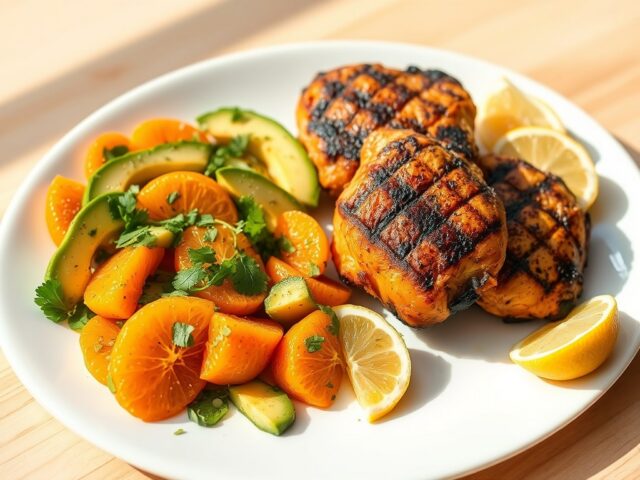 Kip-Grill met avocado-sinaasappelsalade