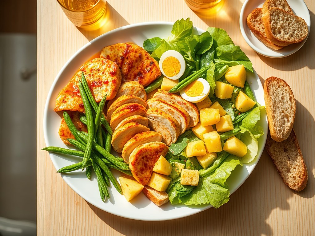 Kip-kerrie maaltijd salade, AI-gegenereerde illustratie