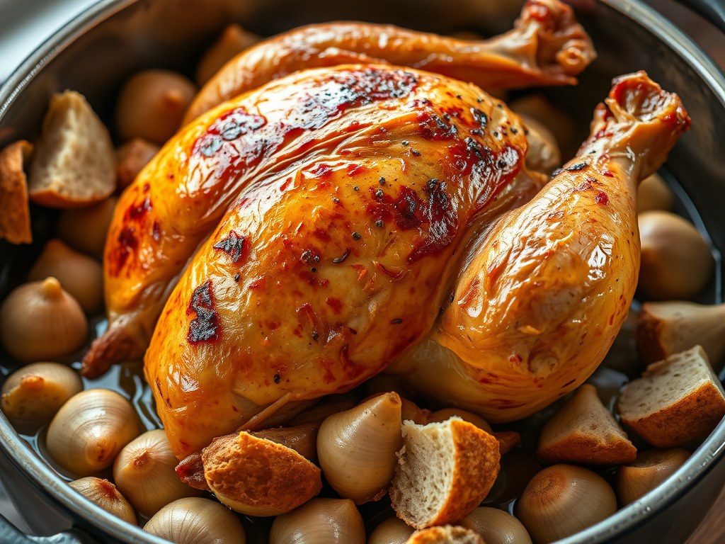 Kip met 40 teentjes knoflook, AI-gegenereerde illustratie