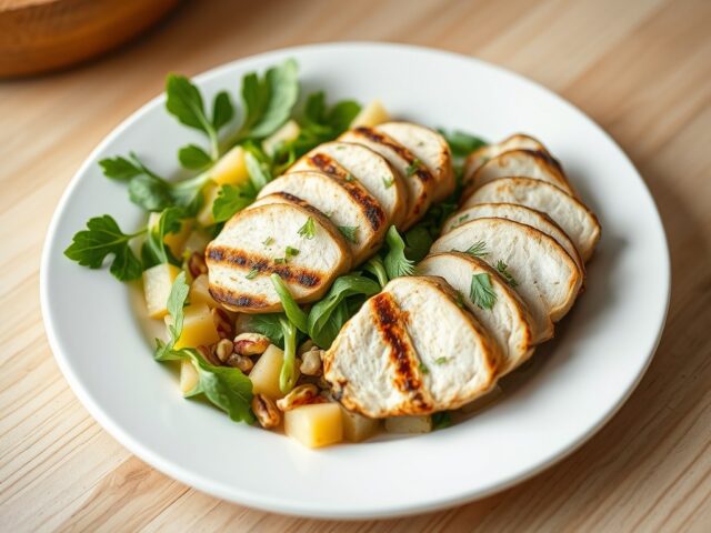 Kip met witloof- en aardappelsalade, dille en noten
