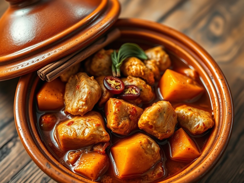Kip-Pompoen Tajine, AI-gegenereerde illustratie