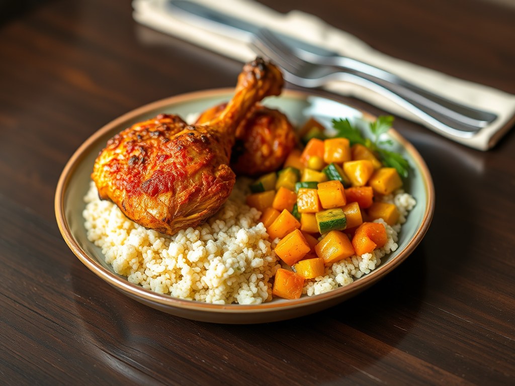 Kip tandoori met groente-curry in couscous, AI-gegenereerde illustratie