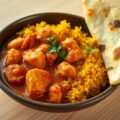 Kip tikka masala met gele rijst en naanbrood