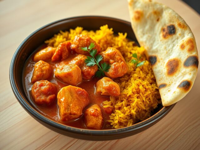 Kip tikka masala met gele rijst en naanbrood