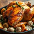 Kip uit de oven met aardappels, ui en knoflook