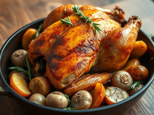 Kip uit de oven met aardappels, ui en knoflook