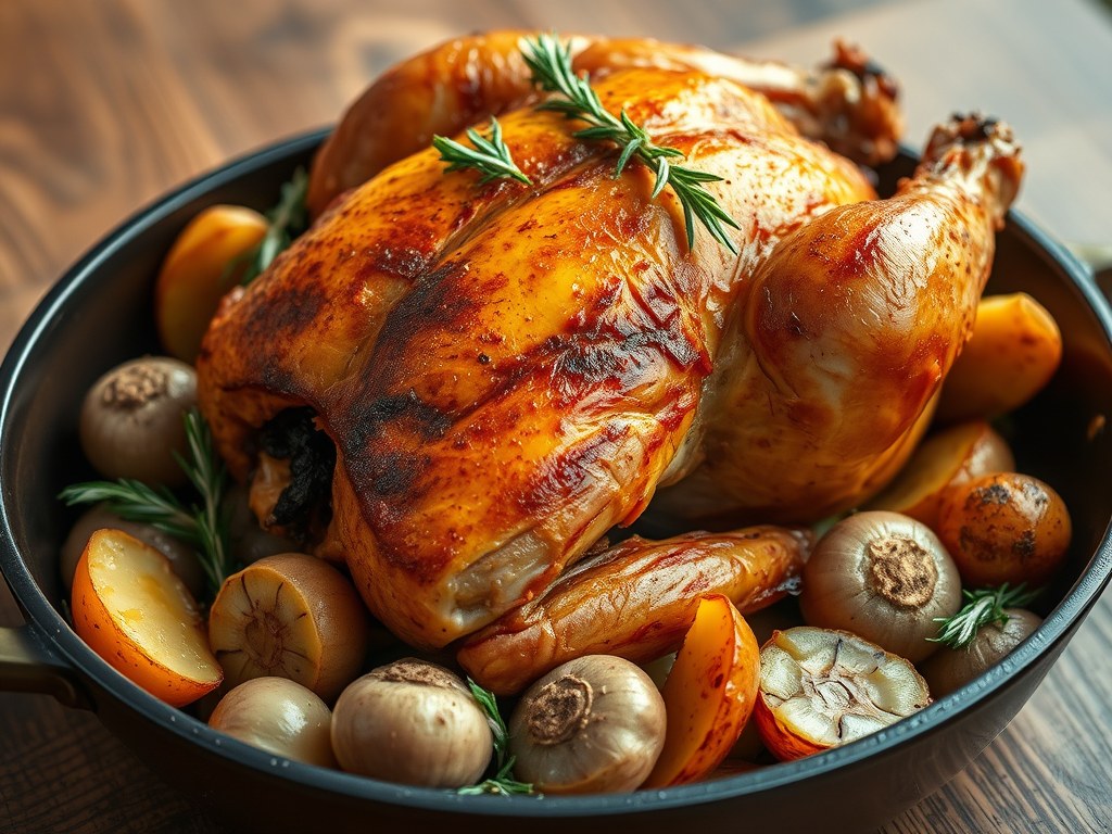 Kip uit de oven met aardappels, ui en knoflook, AI-gegenereerde illustratie