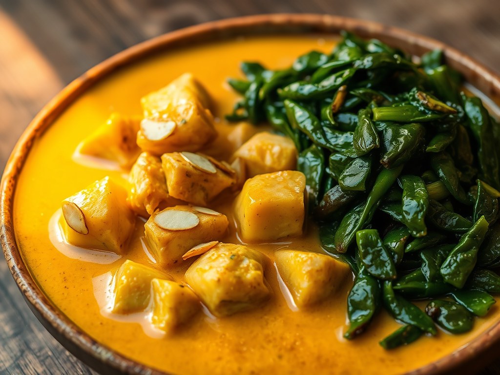 Kipcurry met roergebakken spinazie, AI-gegenereerde illustratie