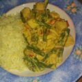 Curry van kipfilet met sperziebonen, paprika en lente-uitjes
