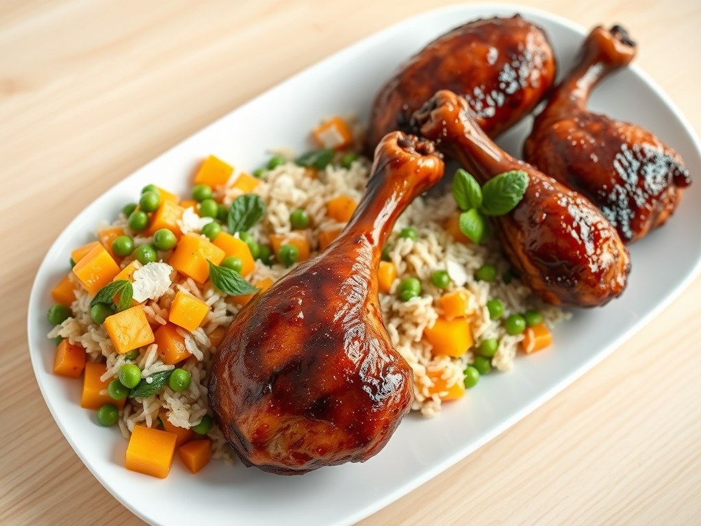 Kipdrumsticks Losie Foroe met frisse rijstsalade, AI-gegenereerde illustratie