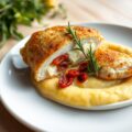Kipfilet gevuld met brie op maïspuree