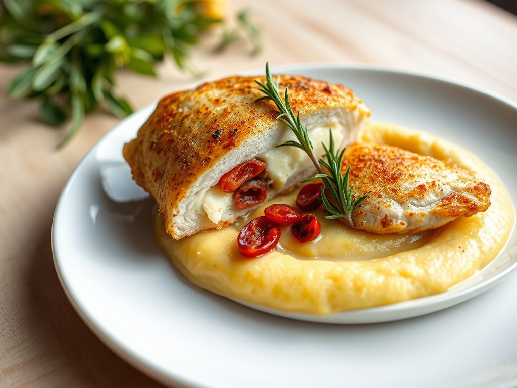 Kipfilet gevuld met brie op maïspuree, AI-gegenereerde illustratie