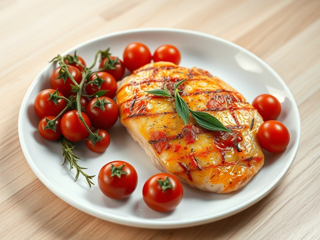 Kipfilet met gebakken tomaatjes, AI-gegenereerde illustratie