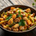 Kipfiletreepjes met roergebakken groenten en cashewnoten
