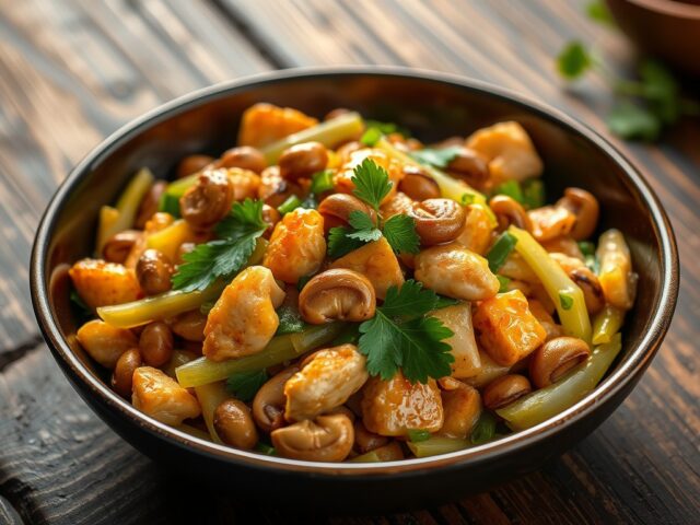 Kipfiletreepjes met roergebakken groenten en cashewnoten
