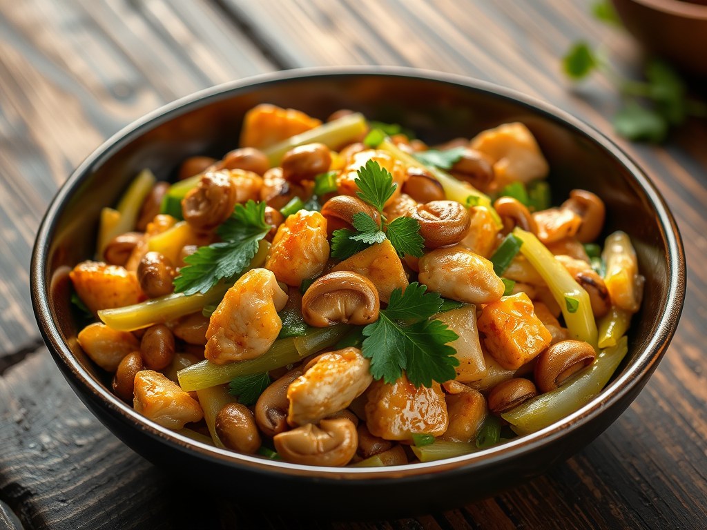 Kipfiletreepjes met roergebakken groenten en cashewnoten, AI-gegenereerde illustratie