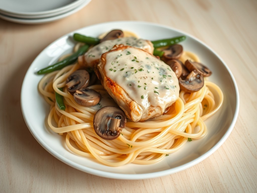 Kipkarbonades met champignons, snijbonen en taglia, AI-gegenereerde illustratie