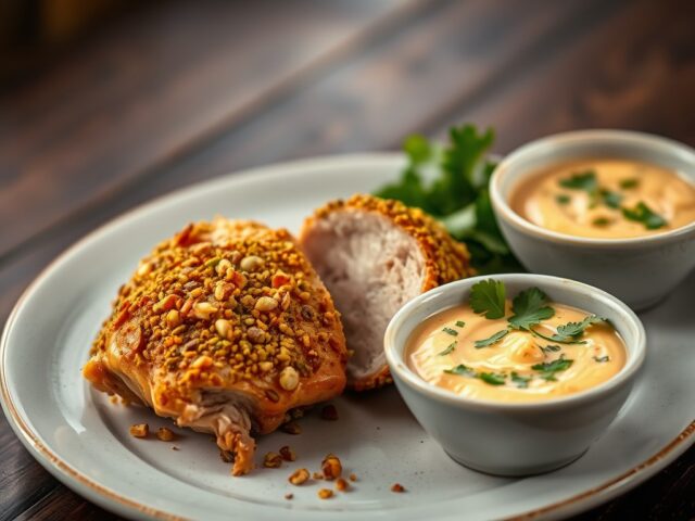 Kippendijen in een Noten-Korst met Wortel-Raita