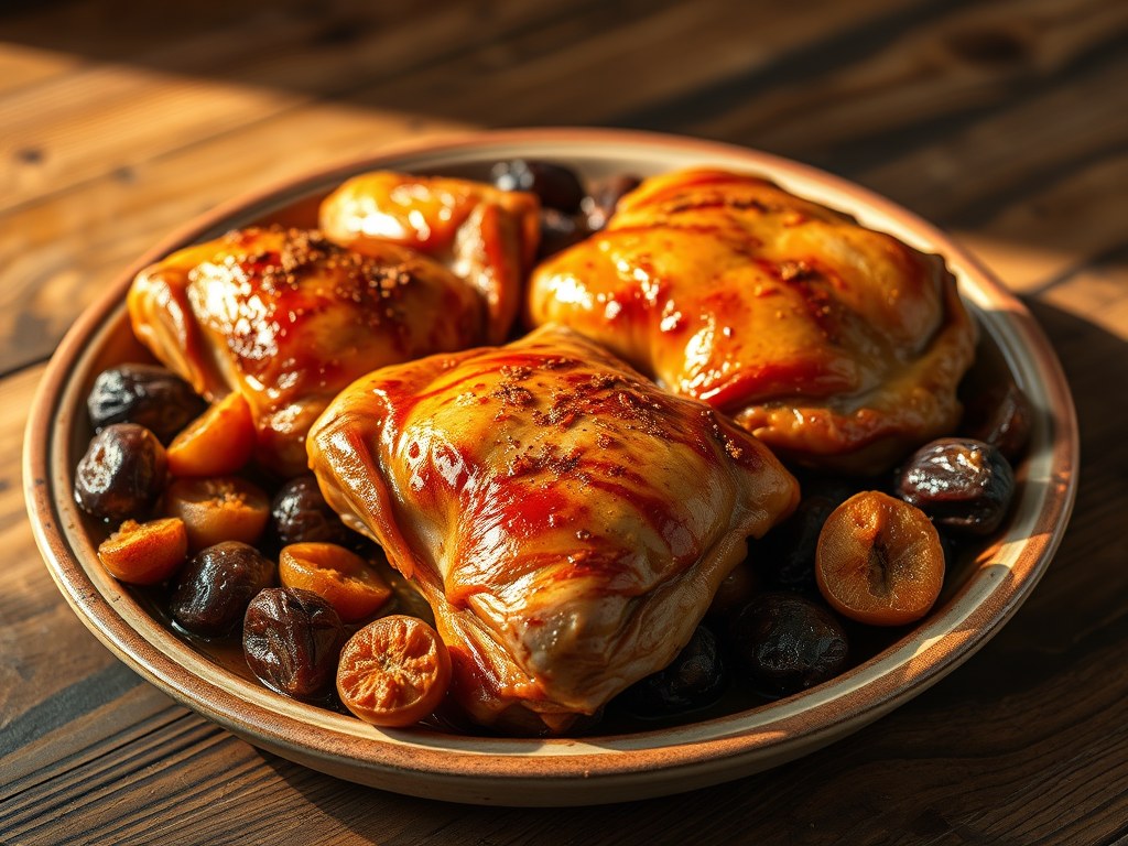 Kippendijen uit de Oven met Gedroogde Vruchten, AI-gegenereerde illustratie