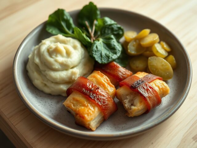 Kippenvinken met warmoesstoemp met pickles