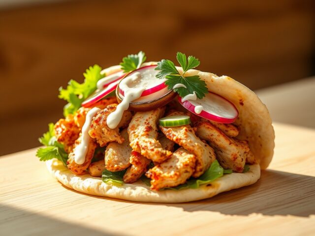 Kipshoarma met rijkgevulde salade en hete saus en eigengemaakte knoflook saus