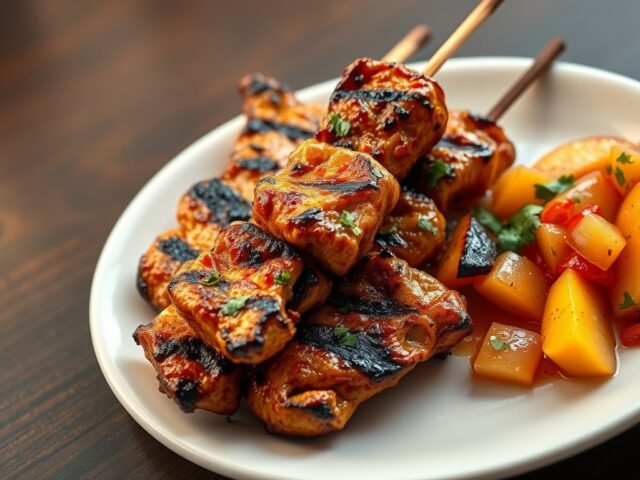 Kipspiesjes met perziksalsa