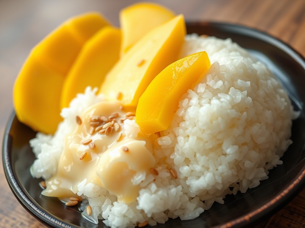 Kleefrijst met mango, AI-gegenereerde illustratie