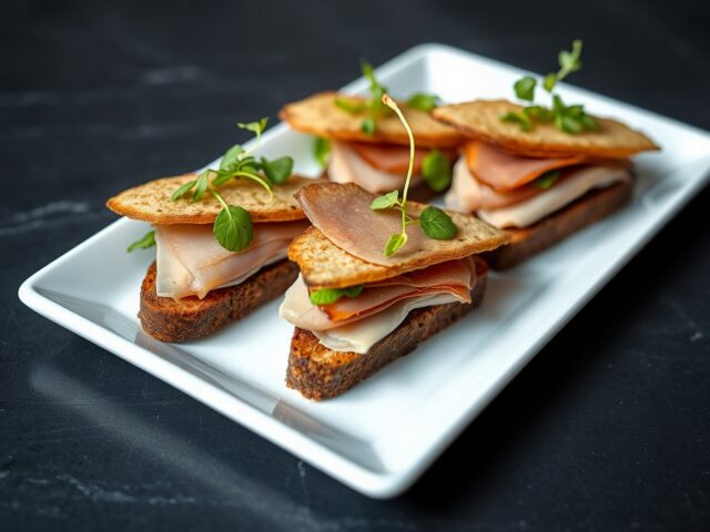 Kleine driehoeksandwiches van huisgerookte fazant,