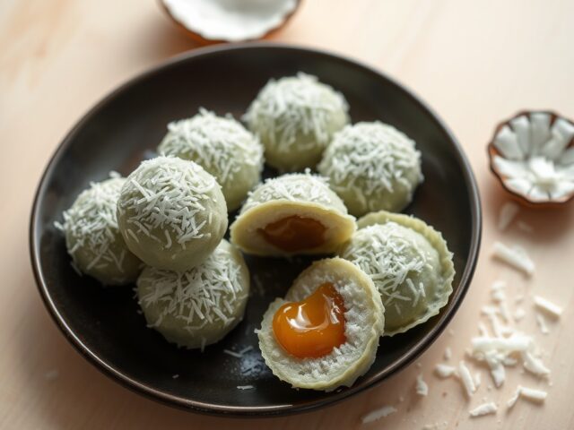 Klepon (rijstebloemballetjes gevuld met palmsuiker)