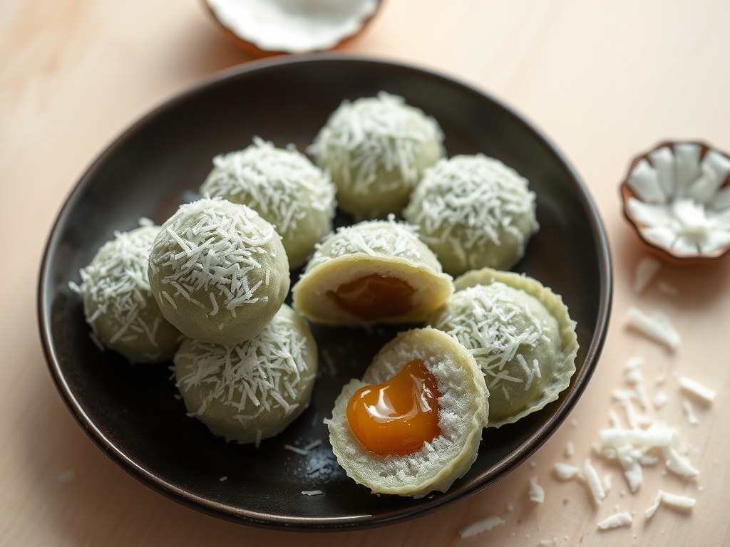 Klepon (rijstebloemballetjes gevuld met palmsuiker), AI-gegenereerde illustratie