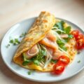 Knapperige pannenkoek met kokosmelk, gevuld met zalm, venkel en sla