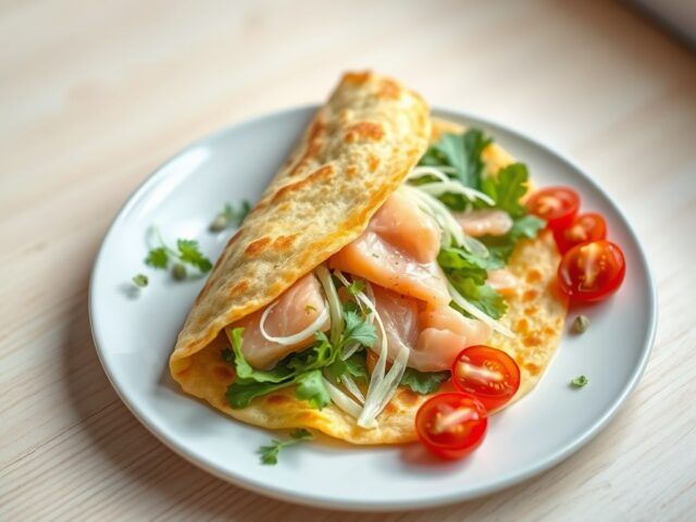 Knapperige pannenkoek met kokosmelk, gevuld met zalm, venkel en sla