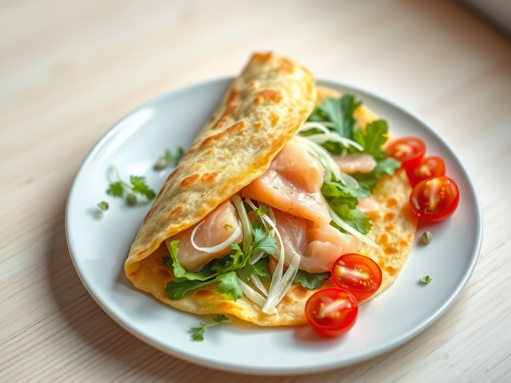 Knapperige pannenkoek met kokosmelk, gevuld met zalm, venkel en sla, AI-gegenereerde illustratie
