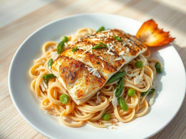 Knapperige snoekbaars met lintpasta