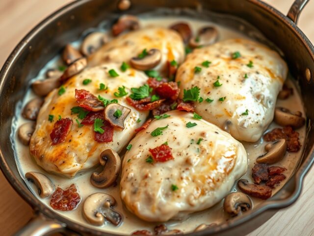 Knoflookkip met champignons en spek