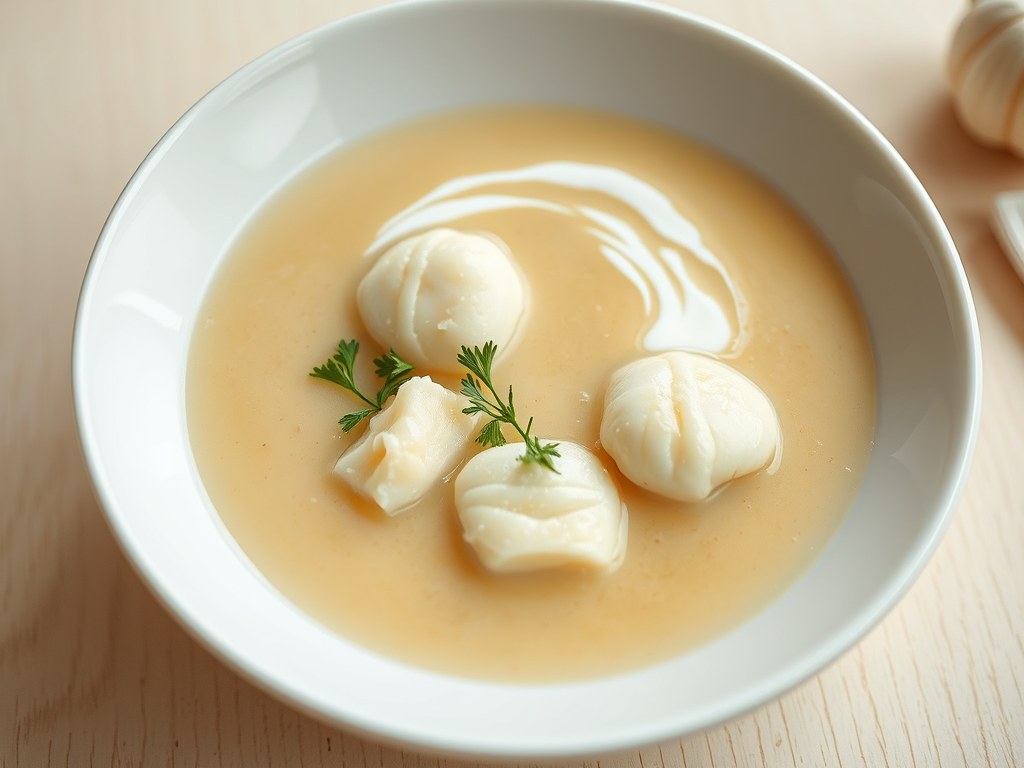 Knoflooksoep met visquenelles, AI-gegenereerde illustratie