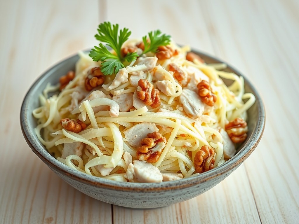 Knolselderijsalade met appel, gerookte kip en waln, AI-gegenereerde illustratie