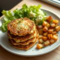 Koekjes van courgette en ricotta, krulsla en gebakken aardappelen