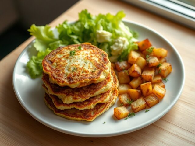 Koekjes van courgette en ricotta, krulsla en gebakken aardappelen