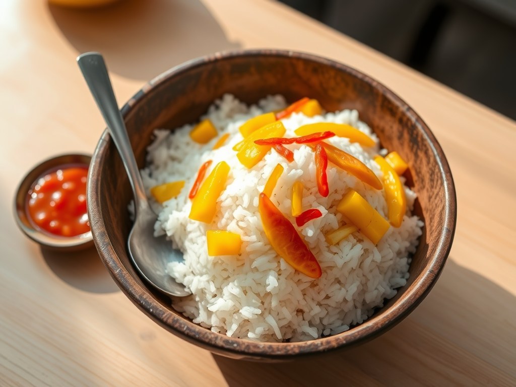 Kokosrijst met mango, AI-gegenereerde illustratie