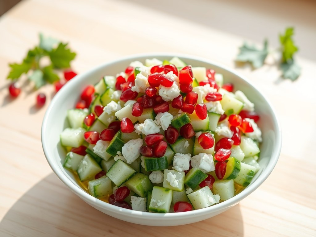 Komkommer Salade met Pomgranaat Appel Pitjes, AI-gegenereerde illustratie