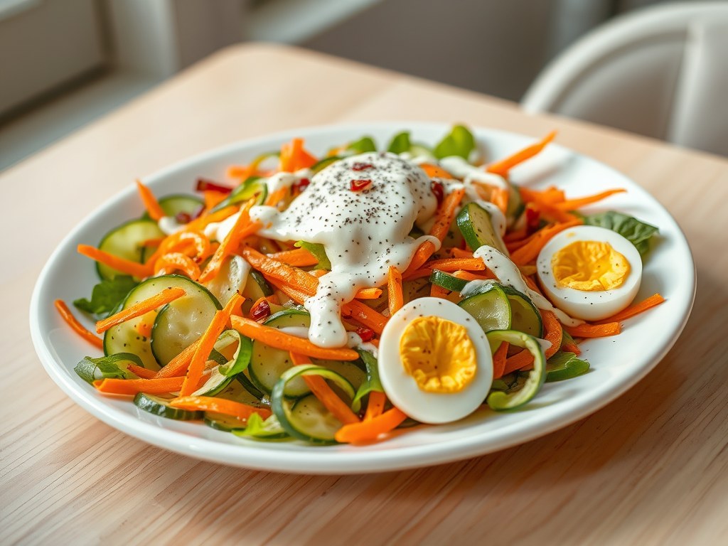 komkommer- wortelsalade met cognacsaus, AI-gegenereerde illustratie