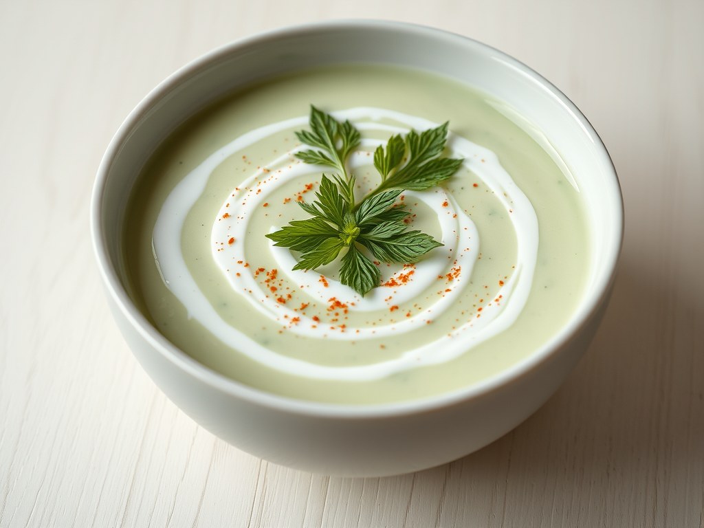 Komkommer-yoghurtsoep, AI-gegenereerde illustratie