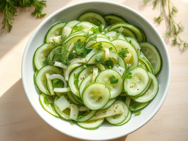 Komkommersalade met dille, knoflook, koriander en bosuitjes