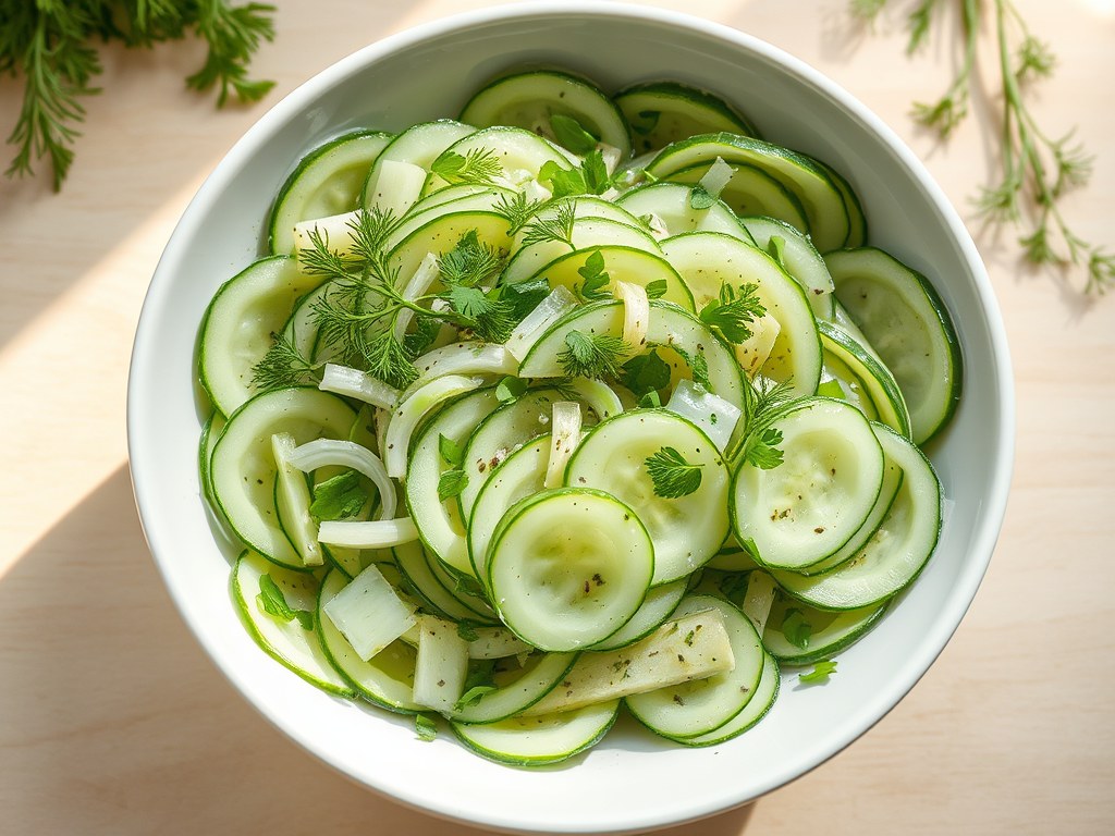 Komkommersalade met dille, knoflook, koriander en bosuitjes, AI-gegenereerde illustratie
