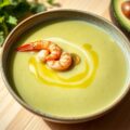 Koude Avocado-Komkommersoep met Kruidige Garnalen