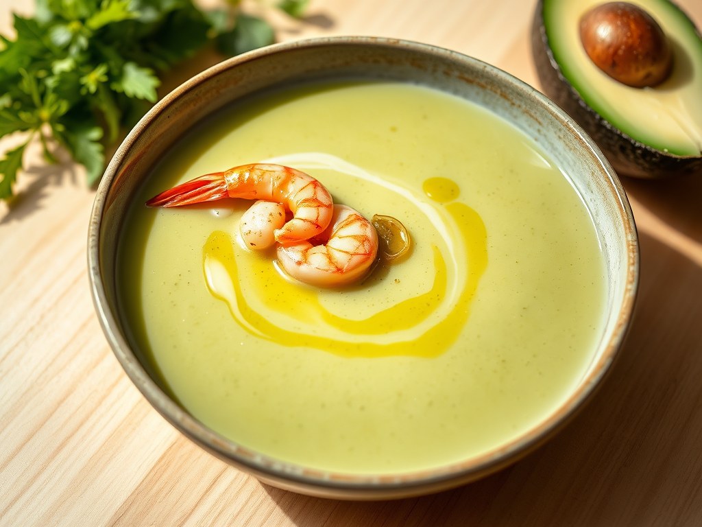 Koude Avocado-Komkommersoep met Kruidige Garnalen, AI-gegenereerde illustratie