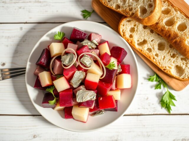 koude bietensalade met haring stokbrood